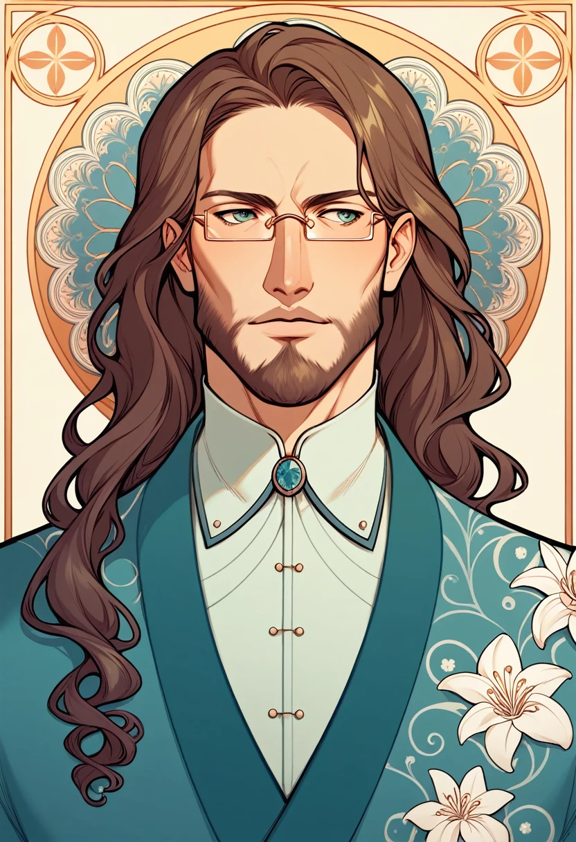 1man, middle-aged, long hair, beard, handsome, wearing glasses, wearing Nouveau-inspired kimono, geometrical nouveau background, orchids and the forsythia flowers, closer distance face, closer distance head, his closer distance pressing against me, hd, high quality, best quality, masterpiece, 8k resolution