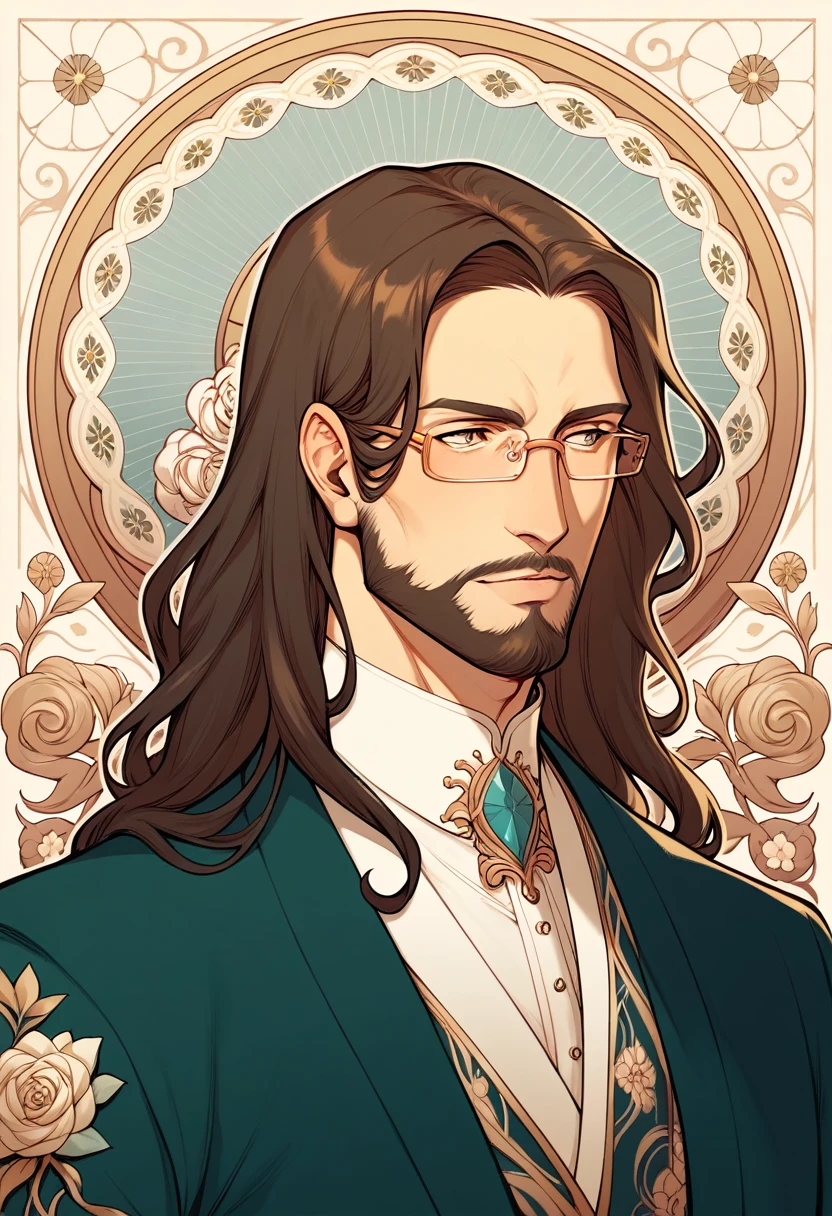 1man, middle-aged, long hair, beard, handsome, wearing glasses, wearing Nouveau-inspired kimono, geometrical nouveau background, orchids and the forsythia flowers, closer distance face, closer distance head, his closer distance pressing against me, hd, high quality, best quality, masterpiece, 8k resolution