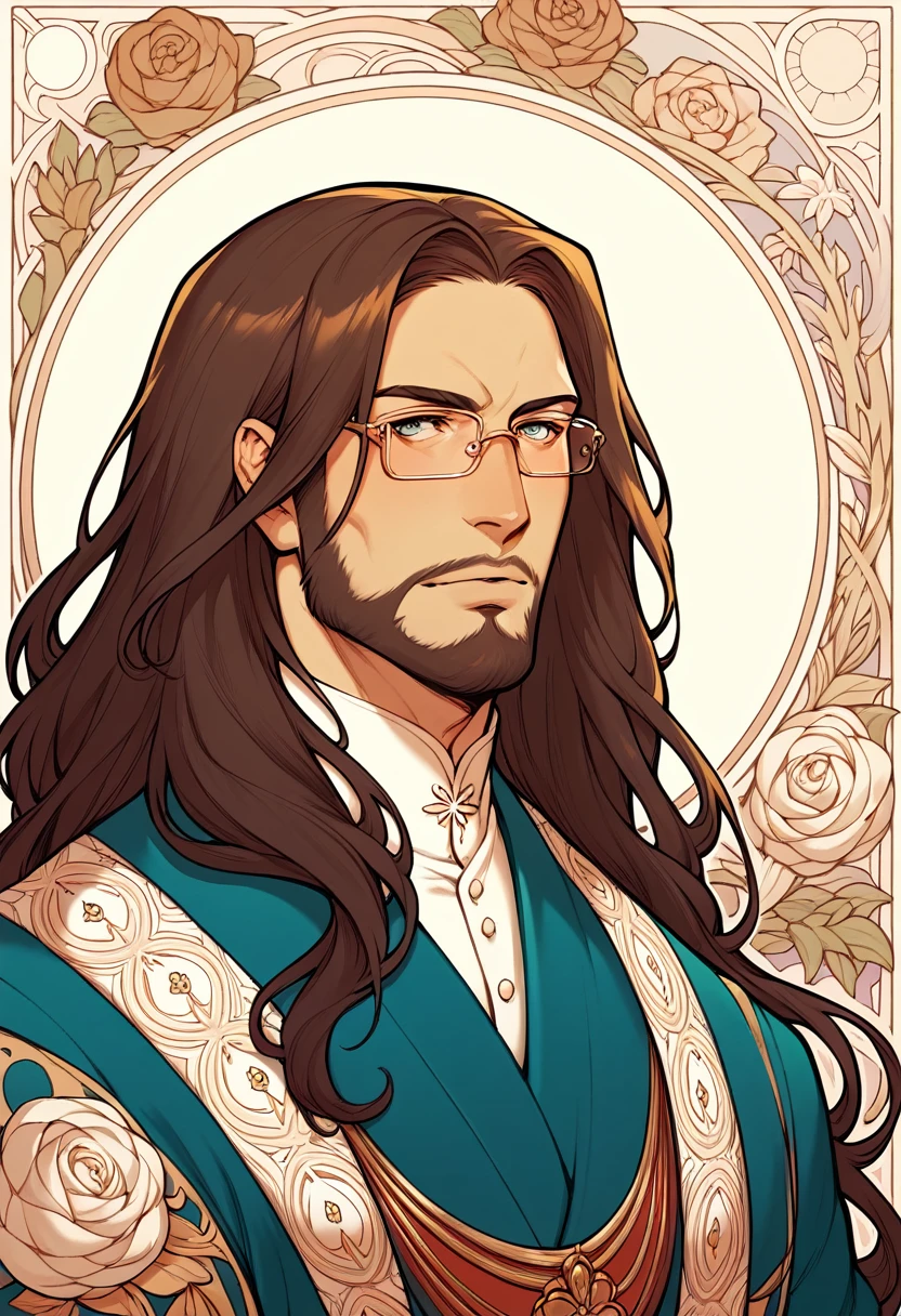 1man, middle-aged, long hair, beard, handsome, wearing glasses, wearing Nouveau-inspired kimono, geometrical nouveau background, orchids and the forsythia flowers, closer distance face, closer distance head, his closer distance pressing against me, hd, high quality, best quality, masterpiece, 8k resolution