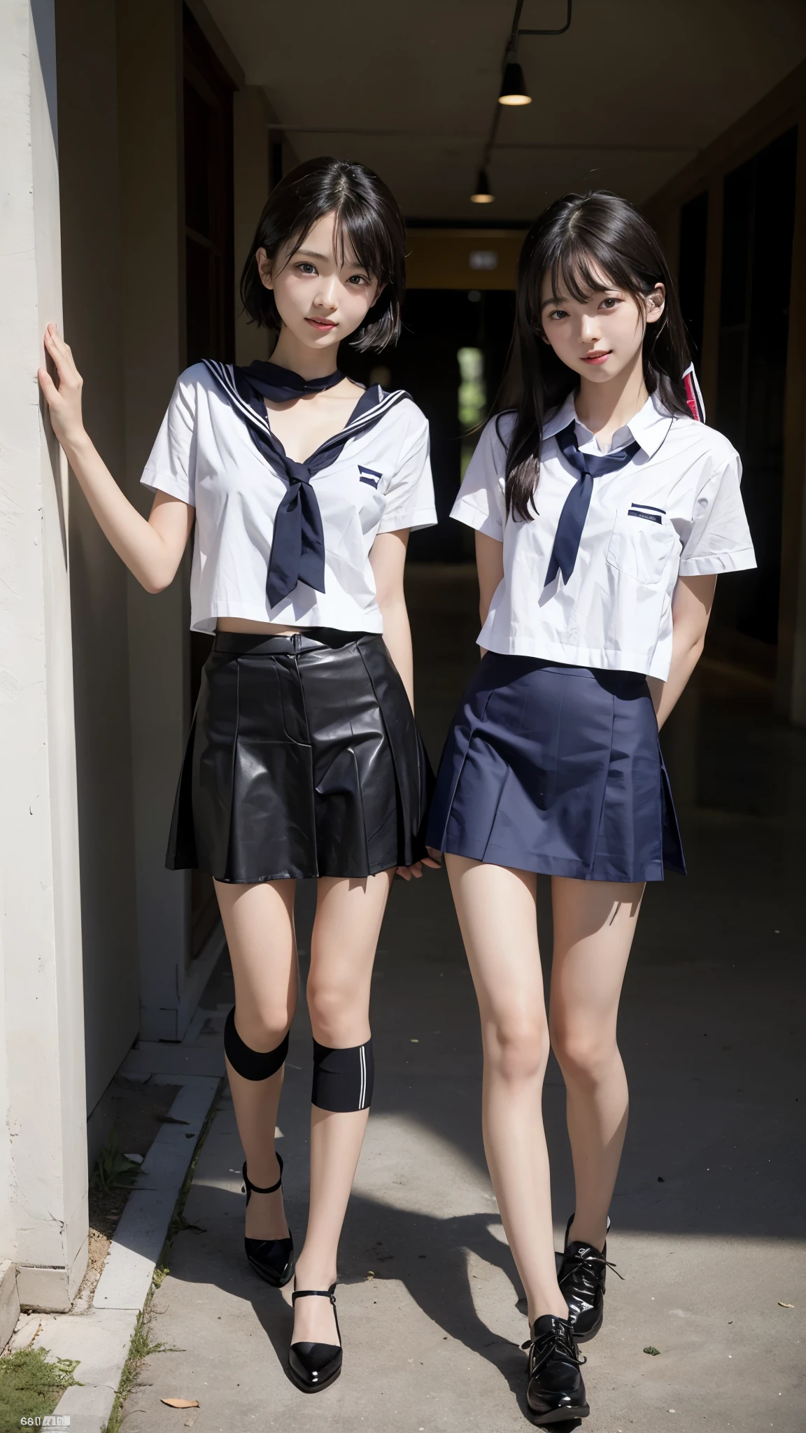 Cute eyes, clear eyes, detailed eyes, carefree smile, pretty smile、High detail, Textured skin, Very detailed, Ultra high definition, High-resolution model, Detailed face、bare navel、Twins, two girls, two high school girls、(((flat chest))), (flat chest:1.1)、 14years、a junior high school student、School Uniforms、Cute, young, (Full body:1.3)、Ultra-detail、​masterpiece、top-quality、超A high resolution、8K high image quality、Photogenic clarity、A detailed eye、Real live-action、Spring outdoor、Model Standing、Beautiful posture、High detail, Textured skin, Very detailed, Ultra high definition, High-resolution model, Anatomically correct, smile, Open your mouth a little, Anatomically correct, 