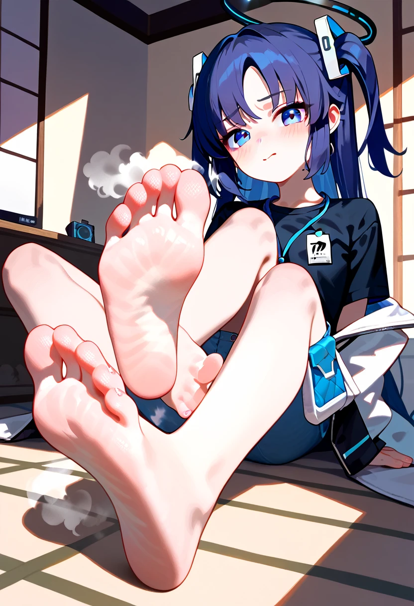 Yuuka, blue archive, laying down on floor, , she is blushing, eyes full of love  , looking at viewpoint with low eyes, very lewd facial expressions, light blue jeans, barefoot, bedroom, Japan,  , foot focused, showing her soft detailed soles, soles are semi-realistic, slight wrinkles, highly detailed soles, slender soles, high arched feet, soft looking soles, foot fetish, textured feet and soles, natural shading, precise, attractive soles, textured skin for feet and soles, subtle lines, expressive detail, steam, night time, extra details on soles, realistic wrinkles on soles, detailed ankles, 