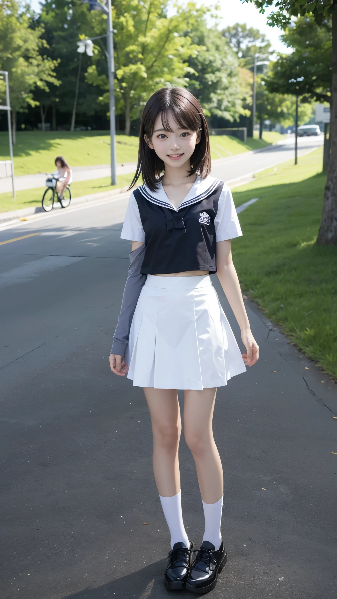 Cute eyes, clear eyes, detailed eyes, carefree smile, pretty smile、High detail, Textured skin, Very detailed, Ultra high definition, High-resolution model, Detailed face、bare navel、Twins, two girls, two high school girls、(((flat chest))), (flat chest:1.1)、 ars、a juniool Uniforms、Cute, young, (Full body:1.3)、Ultra-detail、masterpiece、top-quality、超A high resolution、8K high image quality、Photogenic clarity、A detailed eye、Real live-action、Spring outdoor、Model Standing、Beautiful posture、High detail, Textured skin, Very detailed, Ultra high definition, High-resolution model, Anatomically correct, smile, Open your mouth a little, Anatomically correct,