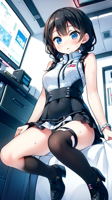 (Highest quality), (masterpiece), 1080P, High resolution, 4K, 8k, Inside the space station、Futuristic room、Thigh straps, Shooting from directly below, The woman on top of me, 白いSweat, Covered , Sweat, Woman looking down, Skirt swimsuit, Thigh-high socks, To achieve this, , , whole body, Black leather shoes, Braided hair, Inner Color, Embarrassed face, Short black hair, bracelet, Bedroom,celestial body_Vest
