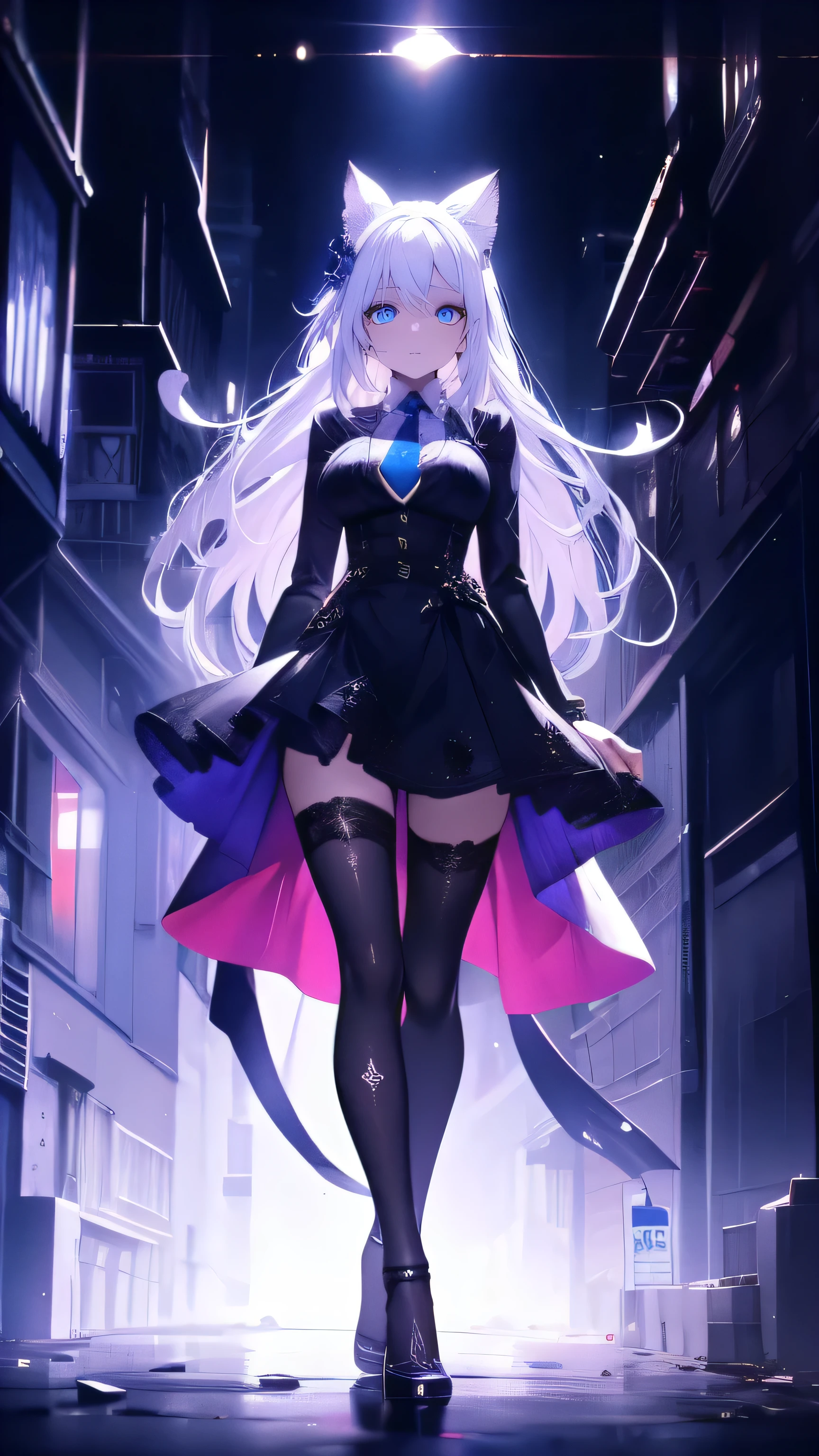A woman in a black dress and cat ears walking down a street - SeaArt AI