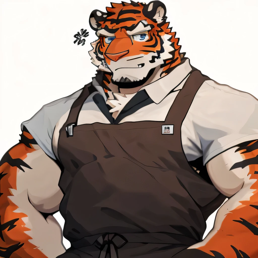 1 boy, Solitary, anthropology, tiger, hairy, Gradient fur color,From the south to the north, it appears red,With horizontal stripes, Where people gather,Sparkling blue eyes, Pink hunk,Have abdominal muscles,muscular, Handsome, Hold the cup, apron, Black pants, White shirt, Front view, high quality, Super Detail, 1080P, high quality, high quality, best quality, 8K, Super Detail, 16K, White background