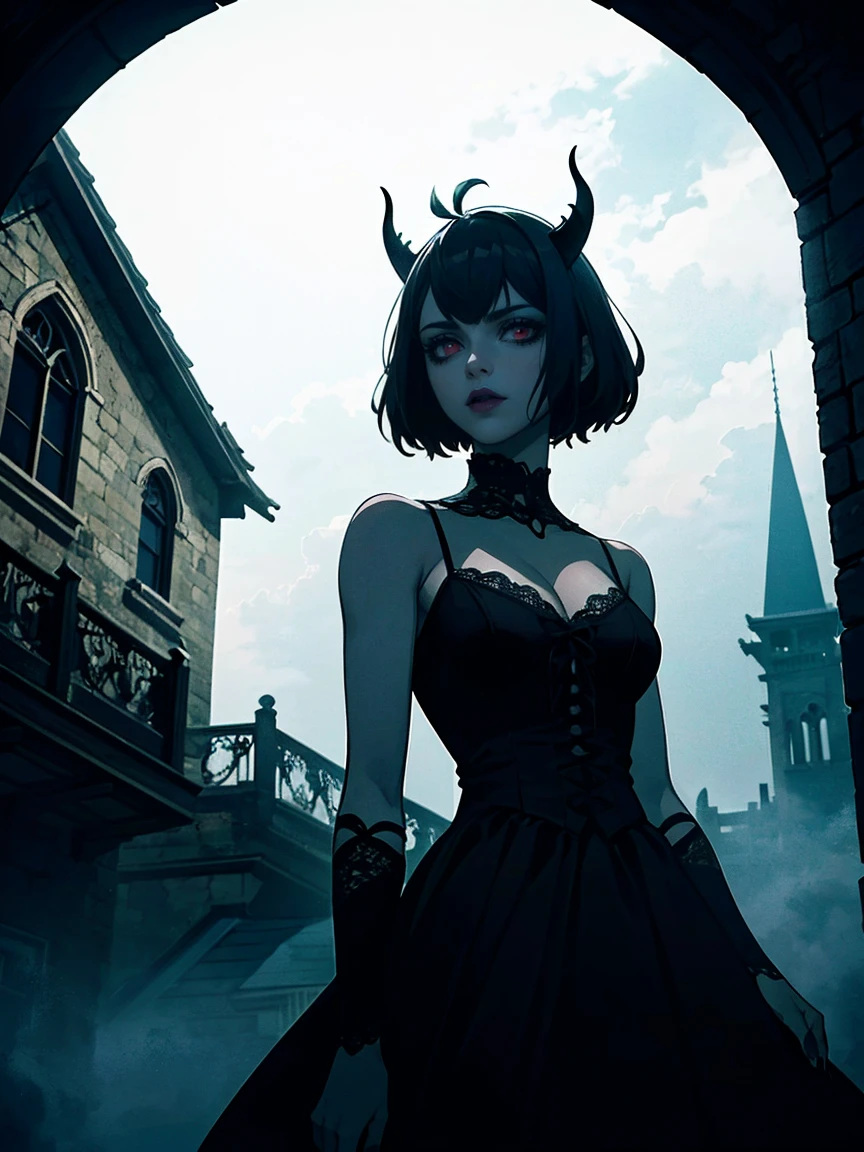 (masterpiece, best quality), intricate details, 1girl, solo, Nero, black hair, short hair, ahoge, red eyes, horns, outdoors, tank top dress, black dress, cleavage, expressionless, looking at viewer,, ((close, solo, 1woman, pink lipstick, Extremely detailed, ambient soft lighting, 4k, perfect eyes, a perfect face, perfect lighting, a 1girl)), (shy, highest quality, masterpiece:1.2), High-definition RAW color photo, Professional, cinematic light, gothic aesthetics, horror, eerie atmosphere, dark shadow, unforgettably beautiful, creepy landscape, gothic architecture, eerie atmosphere, decaying ruins, foggy fog, dramatic lighting, dark color, creepy details, (beautiful woman, Flowing Black Dress, haunted house, cute presence, gothic fashion, lace and velvet, dark red dress and vclack), eerie storm clouds, Moonlight night, supernatural being, eerie shadow, gothic charm, romantic rose in a dark corner, Bright red roses, creeping vine, dripping candle, Secret Whispers、delicate carvings, Ancient curses, thunder and lightning, creepy fog and crows, medieval atmosphere, spiderweb, gorgeous chandelier、Gargoyle - decorated roof, bleeding statue, sublime beauty, gothic aesthetic