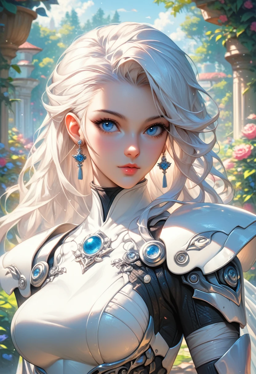 score_9, score_8_up, score_7_up, score_6_up, score_5_up, score_4_up,(a close up cinematic shot of a beautiful female Cyborg Samurai, wearing blue and white armor, beautiful white hair, blue eyes, garden in background, HD, masterpiece, best quality, hyper detailed, ultra detailed:1.2)
