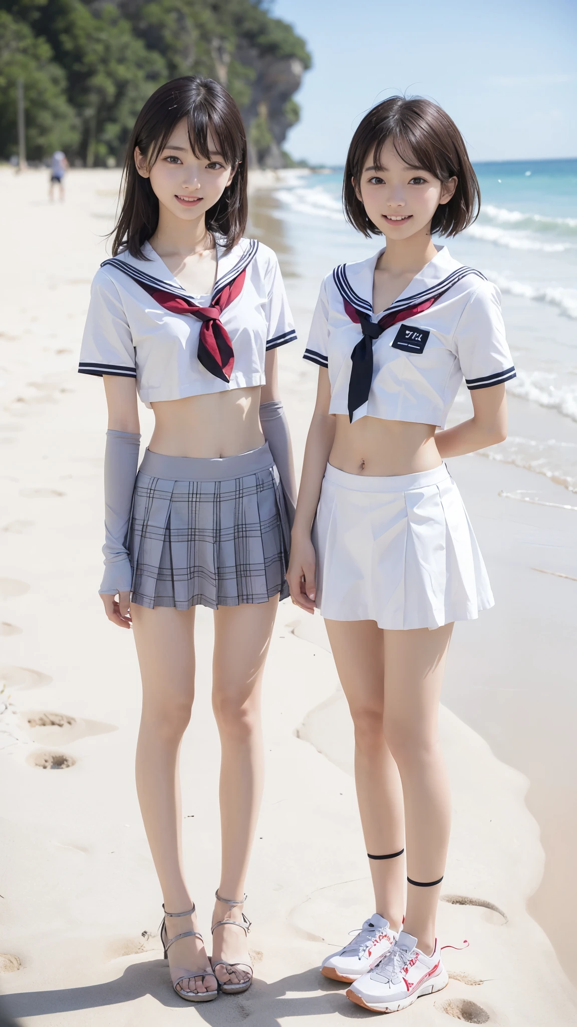 Beautiful sandy beach in the background、Cute eyes, clear eyes, detailed eyes, carefree smile, pretty smile、High detail, Textured skin, Very detailed, Ultra high definition, High-resolution model, Detailed face、bare navel、Twins, two girls, two high school girls、(((flat chest))), (flat chest:1.1)、 14years、a junior high school student、School Uniforms、Cute, young, (Full body:1.3)、Ultra-detail、​masterpiece、top-quality、超A high resolution、8K high image quality、Photogenic clarity、A detailed eye、Real live-action、Spring outdoor、Model Standing、Beautiful posture、High detail, Textured skin, Very detailed, Ultra high definition, High-resolution model, Anatomically correct, smile, Open your mouth a little, Anatomically correct, 