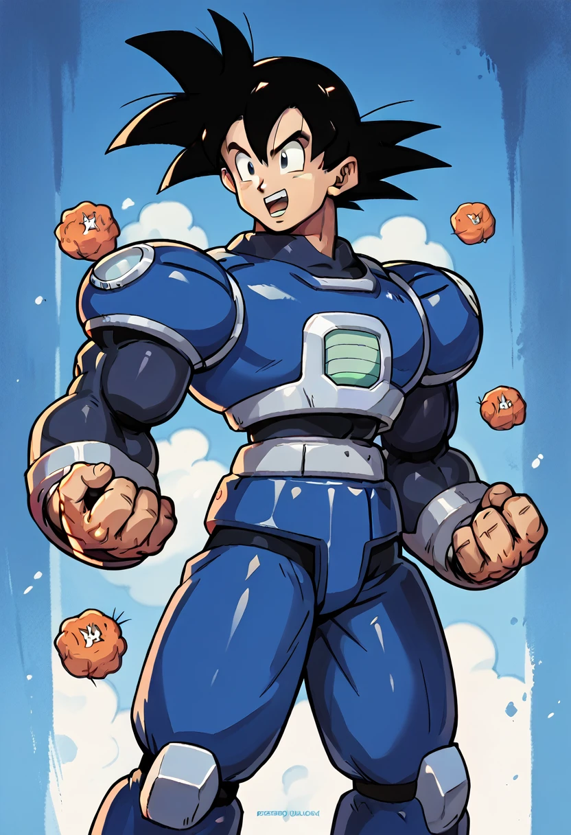 Highest quality,RAW Photos,Professional Art Works,Guts pose,m3g4m4n,Blue Armor,Muscular,The face is Goku,