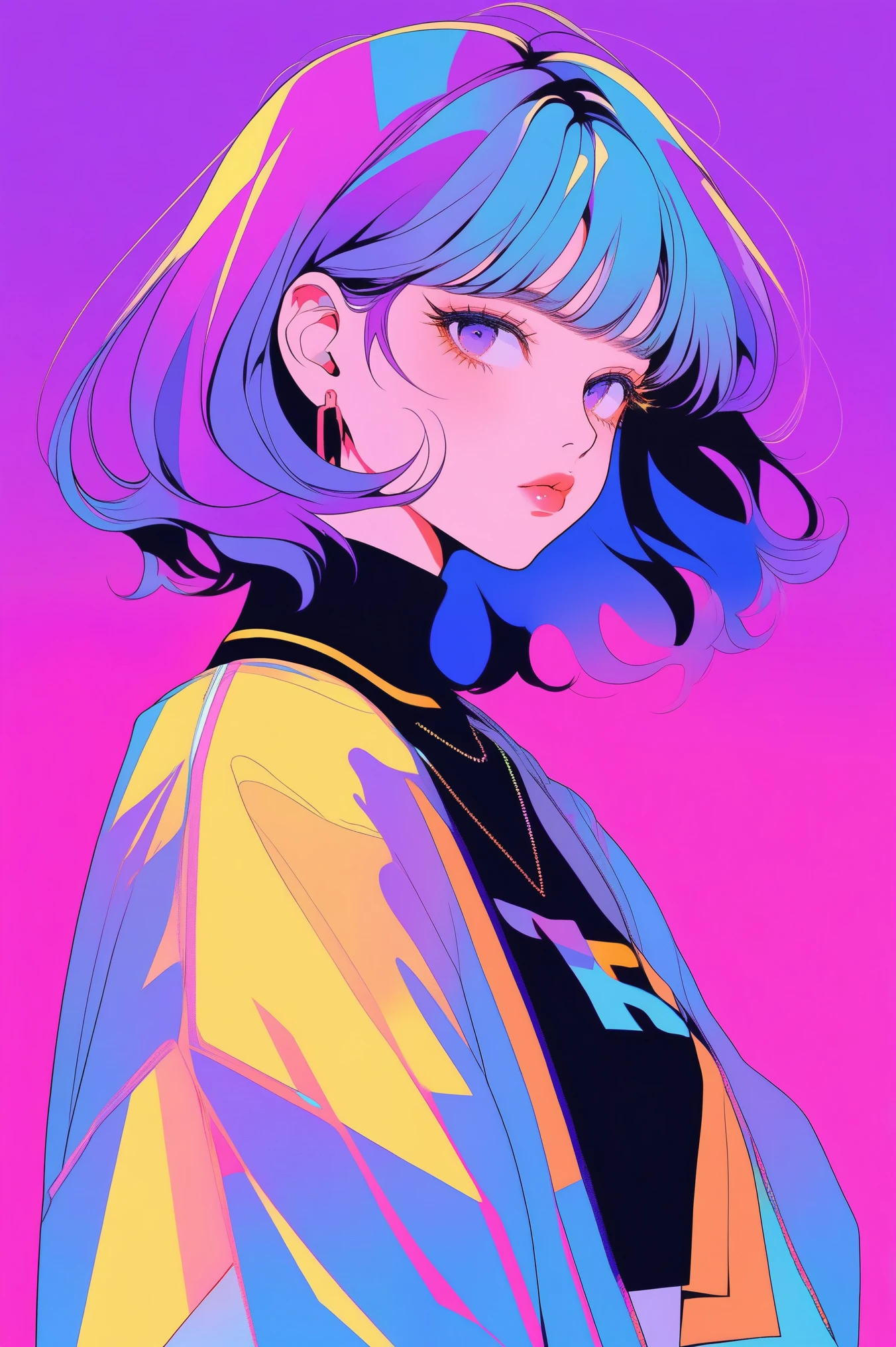 ((illustrator)), flat color, anime style, sketch, 1girl, shiny lip, jersey wear, order, very modern stylish asymmetry hair, purple ((gradient)) background, neon hair, textured crop, (masterpiece, best quality), portrait, ((dynamic angle)),close up girl, looking away