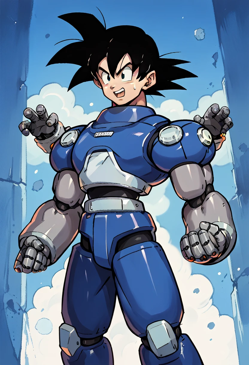 Highest quality,RAW Photos,Professional Art Works,Guts pose,m3g4m4n,Blue Armor,Muscular,The face is Goku,cyborg