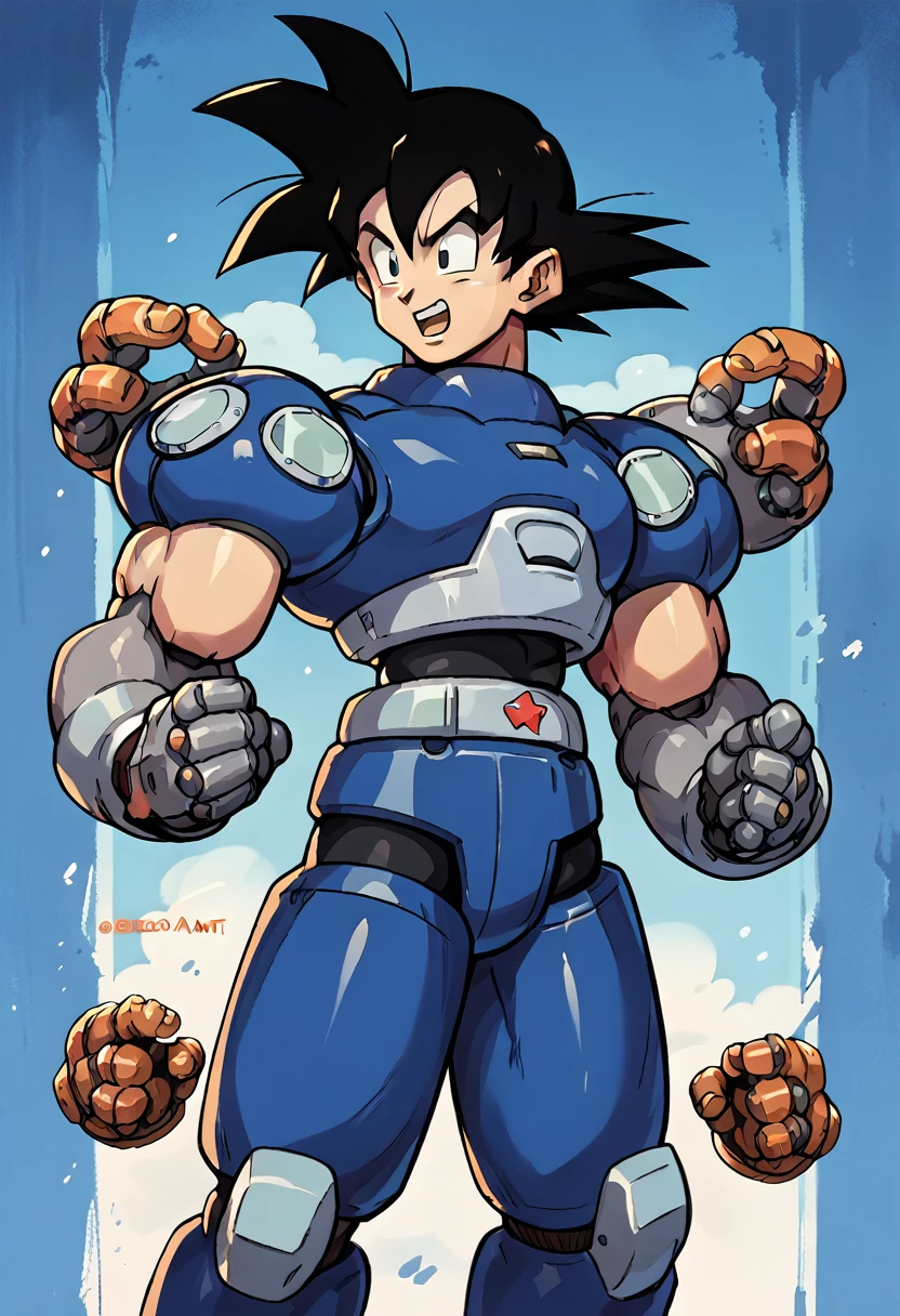 Highest quality,RAW Photos,Professional Art Works,Guts pose,m3g4m4n,Blue Armor,Muscular,The face is Goku,cyborg