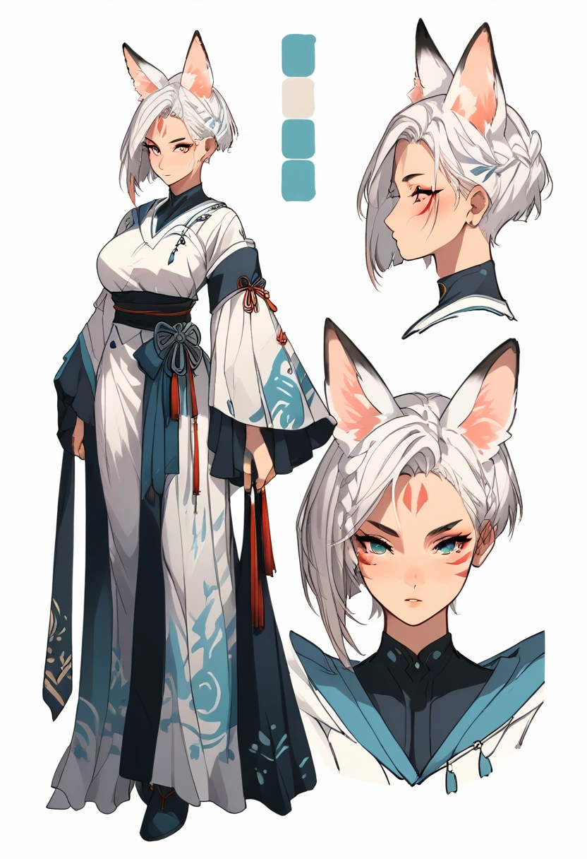 character sheet,girl,alone,short hair,long hair,sidecut,hairstyle combed to the left,white hair,fox ears,Ghawazee clothes,white clothes,big breasts,hips,thighs,red marks on face,front,profile,3/4
