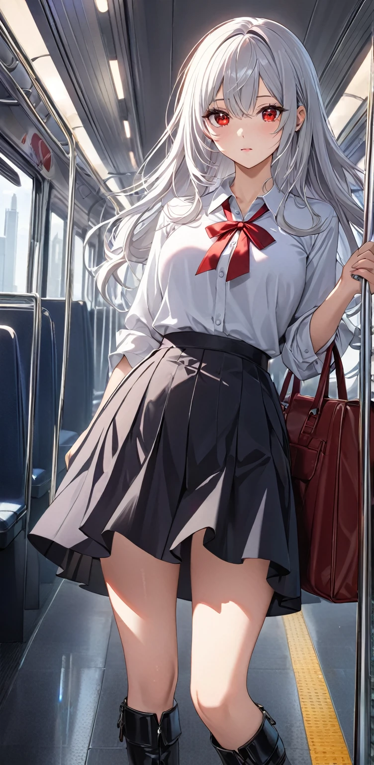 Ultra high resolution, rich colors, perfect image, top quality, detailed image, beautiful single woman, glowing skin, skin and clothing texture, delicate eyes, commute, shirt, long flared skirt, black mini boots, long silver hair, red eyes