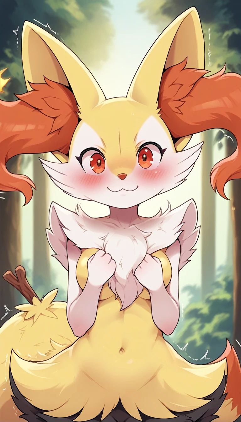 pokemon braixen, adolescent, perfectly done anatomy, whole body, girl, solo, visible genitals, Detailed bust, (Medium bust size:2.0) detailed eyes, detailed furry, (his legs are shaking), (medium hips), smiling, covering the bust, forest, detailed scenery, las palmas juntas, (desde arriba 3:0)