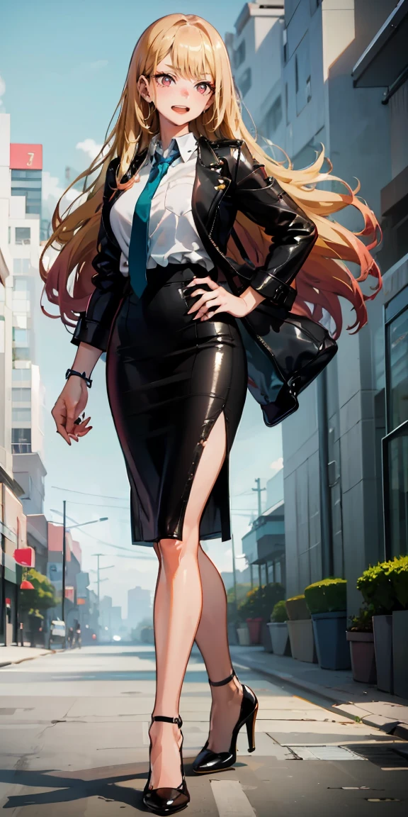 Marin Kitagawa,(best quality:1.6, highres), (beautiful detailed eyes:1.2), elevated, high-quality, beautiful face, 1 girl, leather pencil skirt, oversized leather jacket, blackbird, long hair, wide hips, landscape beautification, street, background, detailed background, sinister smile, angled laughter, long coat, blouse, tie, office woman, mature,((high heels)),