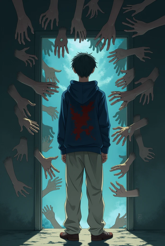 (Masterpiece, Ultra High Resolution, 16k Ultra HD, High Quality), Unity 16K wallpaper, Andriod 18, concept art, ((Cinematic Light)), dramatic light, colorful, precise hand structure, precise human anatomy, one person, 8K eyes, low profile, (small head), standing, ((mature male))), 1 Japanese man, broad shoulders, high nose, (duck egg face), slimming face, pointed chin, dark eyes, (Big Eyes: 0.6), Sweatpants, (Realistic Face: 1.8), (Skin color: 2), Men's Hairstyle, (Brunet: 1.3), (Straight Hair), (Medium Hair: 1.3), Long Hair and Tail, Gray Top, ((Gray Hoodie)), Drawstring, White Sweatpants, Eren Yeager,
male focus, solo, (see audience: 1.3), upper body, hoodie, black background, hoodie down, long sleeves,
The back, the back of the head, surrounded by withered hands, dark background,