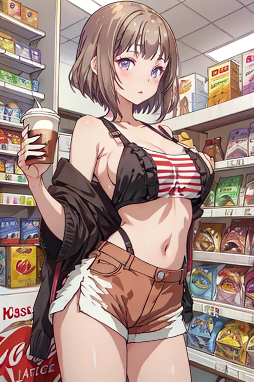 (masterpiece, Best Quality, ultra-detailed, high resolution, extremely detailed CG, official art, Professional Lighting, Perfect Anatomy, anime colors), (from below), looking at viewer, cowboy shot, perfect body, 24yo beautiful 1girl, medium hips, glamorous body,a small face,beautiful-makeup,Makeup light,Shortcut Hair,dark brown hair、Bust b Cup, Amazing Cleavage, thin waist, big ass, Raised sexy, big breast: 1.2 posed cleavage:1.2, (off shoulders,Sportsbra,legginullnude), micro denim shorts, bare legs, nail_polish, pale skin, Waiting friend, (morning:1.5), tokyo, (convenience store:1.3), outdoor, (depth of field:1.3), contrapposto, (Hold a coffee in your hand:1.3),delicate beautiful face, Bright magenta eyes, cute eyes, sparkling eyes, Big eyes, (big breasts:1.3), (perky chest:1.1), (pointed chest:1.3), looking at viewer,
