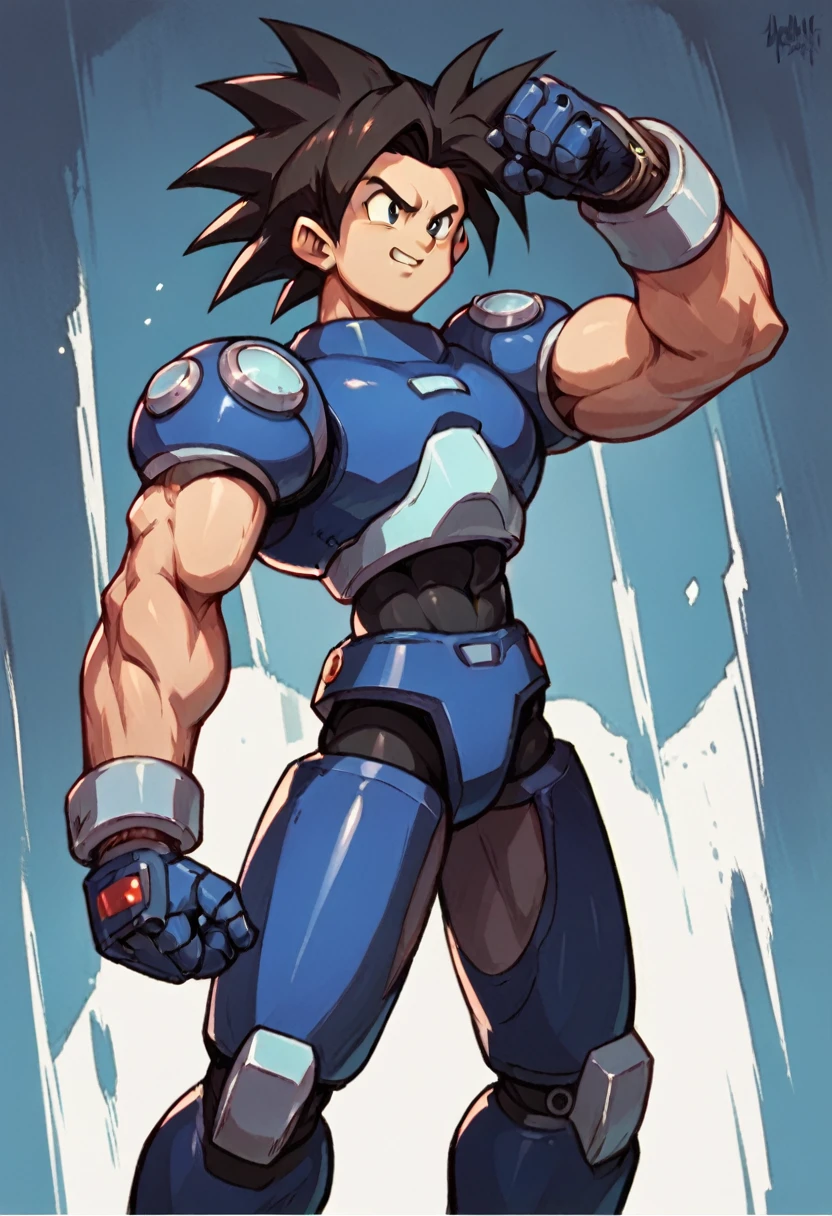 Highest quality,RAW Photos,Professional Art Works,Guts pose,m3g4m4n,Blue Armor,Muscular,The face is Goku,cyborg