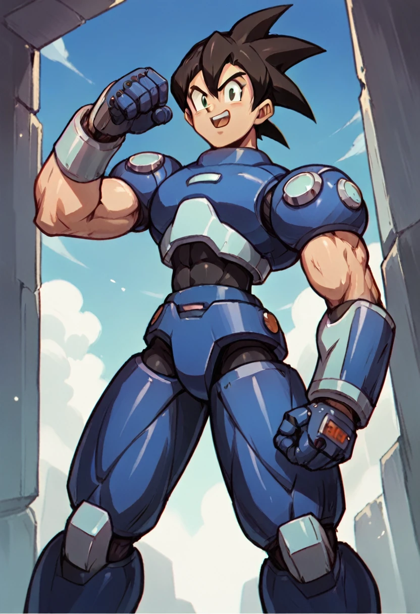 Highest quality,RAW Photos,Professional Art Works,Guts pose,m3g4m4n,Blue Armor,Muscular,The face is Goku,cyborg