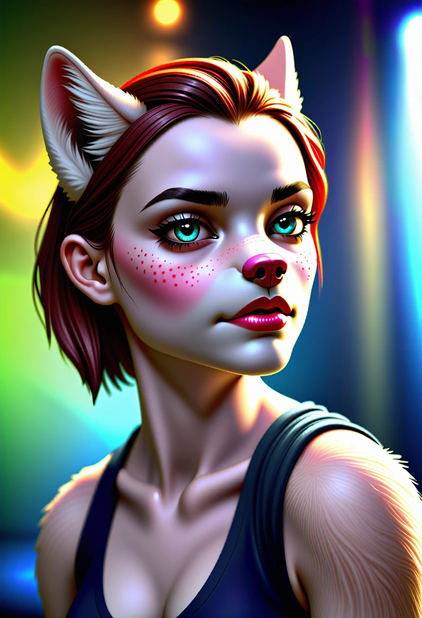 An stunning girl, beats girl, wolf girl, smile, stand alone, digital painting, digital illustration, extreme detail, digital art, 4k, ultra hd, Emma Watson, hyperrealism, trending on artstation, polished, radiant, photorealistic, matte painting, hyperrealism, unreal engine, 3dsmax, trending on artstation, unity 3d, Fantasy girl, realistic fur, furry legs, realistic pattern, bob haircut, asymmetrical hair, glossy red lipstick, perfect eyelashes, perfect body, perfect makeup eyes, light freckles,