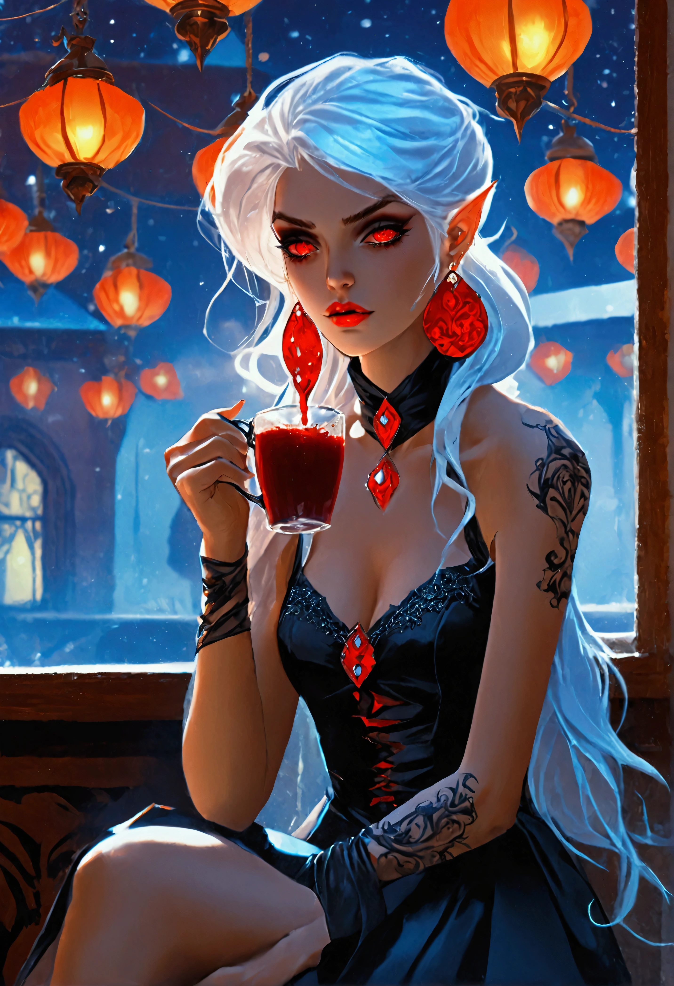 fantasy art, RPG art, a vampire sitting in a coffee shop drinking blood from a mug, female vampire, dynamic hair color, dynamic hair style, glowing eyes, dynamic eyes color, wearing intricate elegant dress, dynamic color dress, wearing a chocker, wearing red earrings, wearing high heels, coffee shop at night background, you can see the moon through the window, cinematic light, High Detail, Ultra High Quality, High Resolution, 16K Resolution, Ultra HD Pictures, Ultra Realistic, Clear Details, Realistic Detail, Ultra High Definition