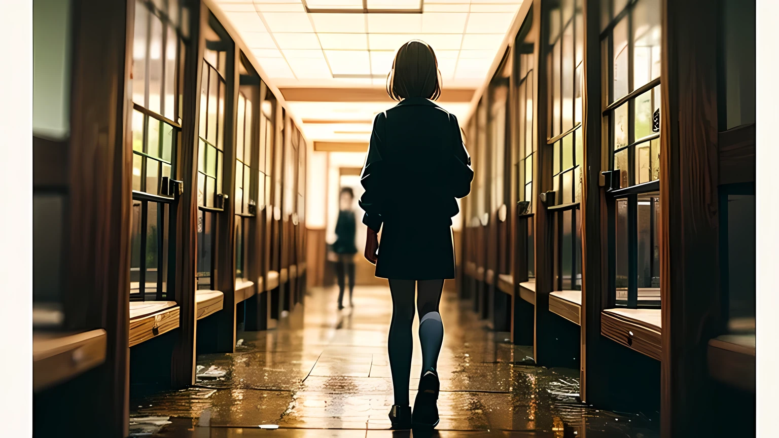 masterpiece, anime style dark school interior, gloomy atmosphere, students with blurred shadowy faces walking around