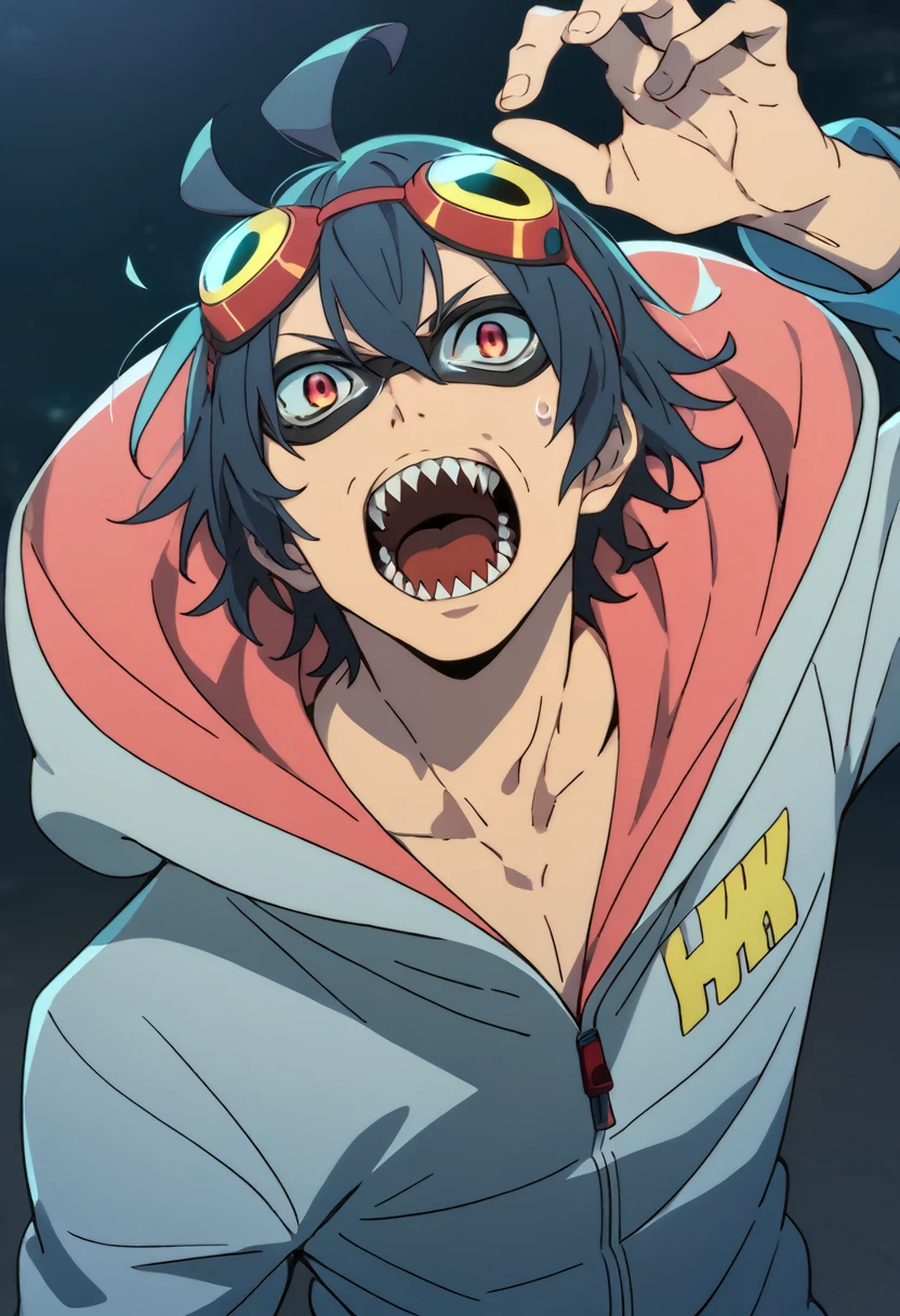 score_9, score_8_up, score_7_up, score_6_up, source_anime, ahoge, sharp teeth, goggles, male, male only, hoodie, sweatshirt, vibrant color, anime style