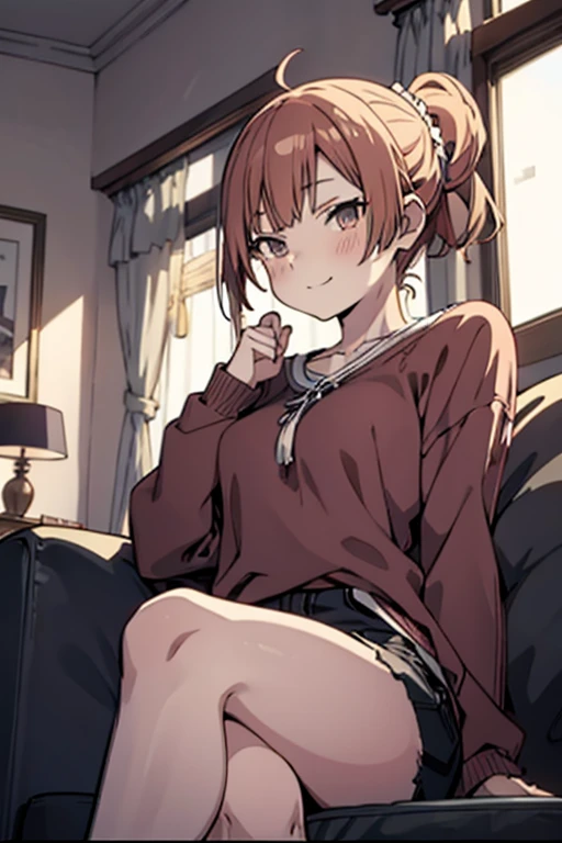 masutepiece, Best Quality, hight resolution, kitagawa marin, 1girll, chestnut-colored hair, Twin-tailed
, earrings,（Vaginal lips visible through underwear：1.5）， One Piece Off Shoulder Sweater, Black skinny sweater,Toothy smile， Be red in the face，Shy，裸露的女生, Squatting on a chair，Spread your legs apart，