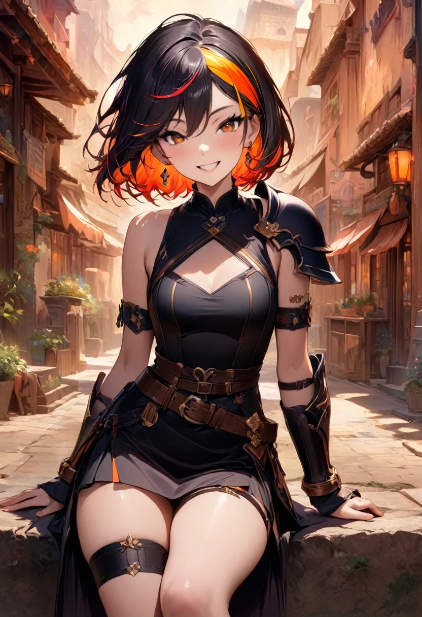 (masterpiece),(best quality),(ultra-detailed),(best illustration),(best shadow),(absurdres),(detailed background),(very aesthetic), score_9, score_8_up, 1girl, solo, multicolored-hair, smile, black-armor, sandals, grin, short-hair, thigh-strap, two-tone-orange-and-red-hair, simple-background, streaked-hair, belt, orange-eyes, black-skirt, looking-at-viewer, vambraces, bracer, jewelry, toeless-footwear, shoulder-armor, earrings, pauldrons, hair-between-eyes, shoulder-pads, leg-warmers, over-shoulder, armlet
