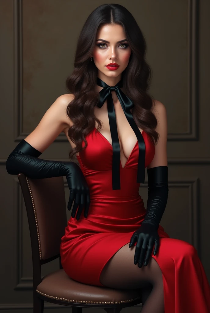 A realistic woman, 2, long hair brunette. She is wearing a red satin dress, arrivant jusqu'aux genoux. Elle porte des gants en satin noirs et un épais ruban en satin noir autour du cou dont le noeud est noué derrière sa nuque. She has a beautiful red lipstick and black doe-eyed eyeliner.. She is also wearing black stockings and red high heels and is sitting on a chair.