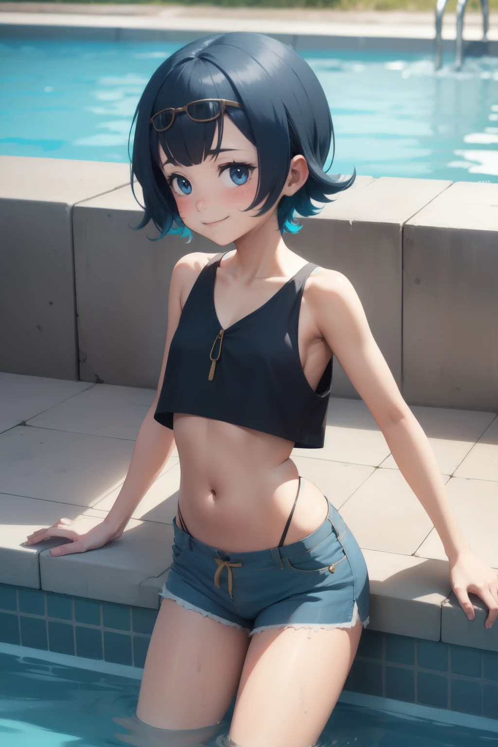 Anime style, 1 girl lana ,  girl , childbody ,solo , short blue hair , flat chest ,  smug face smile , blush, sexy micro shorts jeans , nádegas . Back , de costas  ,pool , shorts jeans 