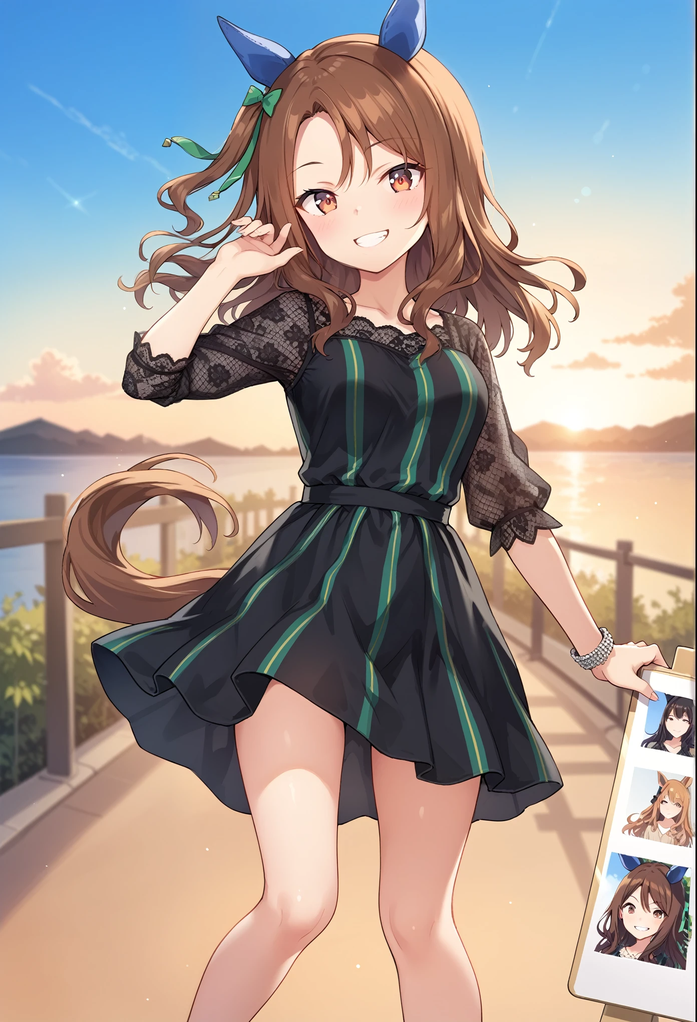 score_9, score_8_superior, score_7_superior BREAK
casual_Clothes, One girl, alone, Long Hair, blush, smile, bangs, Brown Hair, dress, bow, Animal ears, hair bow, Outdoor, Black footwear, Grin, Blurred, black dress, Dated, ^ ^, Horse&#39;s ears, Ma Niang, Horse tail, green bow, green dress, sunset, photograph \(object\), Ear coverings, Dynamic pose, perspective, Black footwear, 
