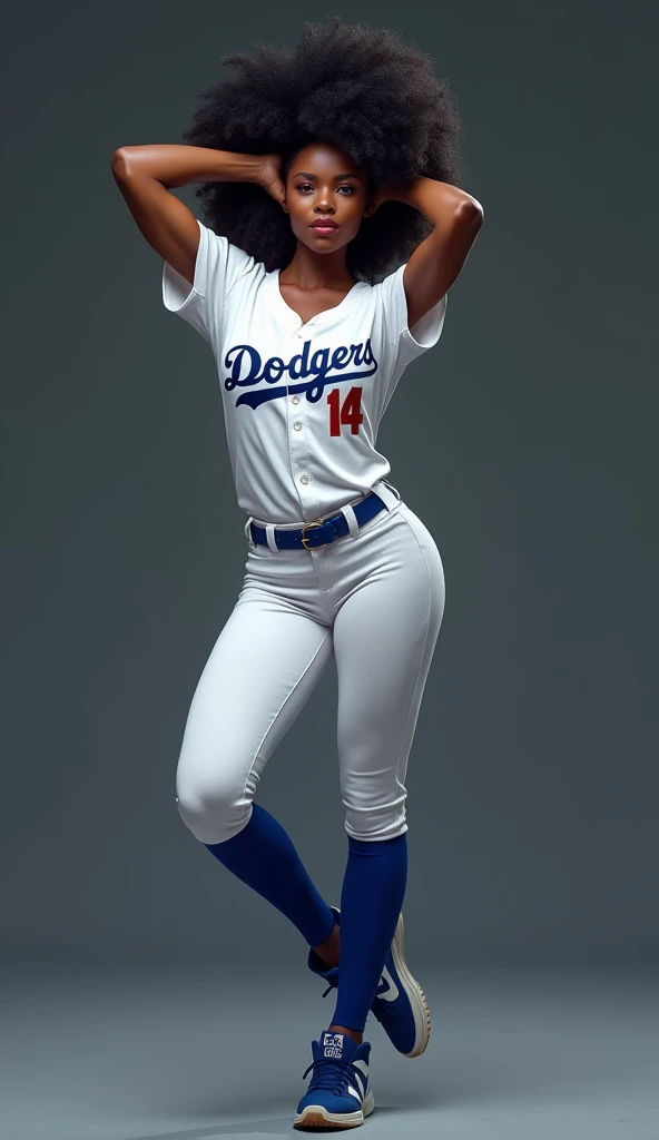 ((masterpiece, best quality)), ((27 year old)), (((Curvy))), (((Latina with long brown curly hair)), in Black and red baseball jersey, ((white high cut  panties)), Standing in front of a grey screen, (((photo realistic)))