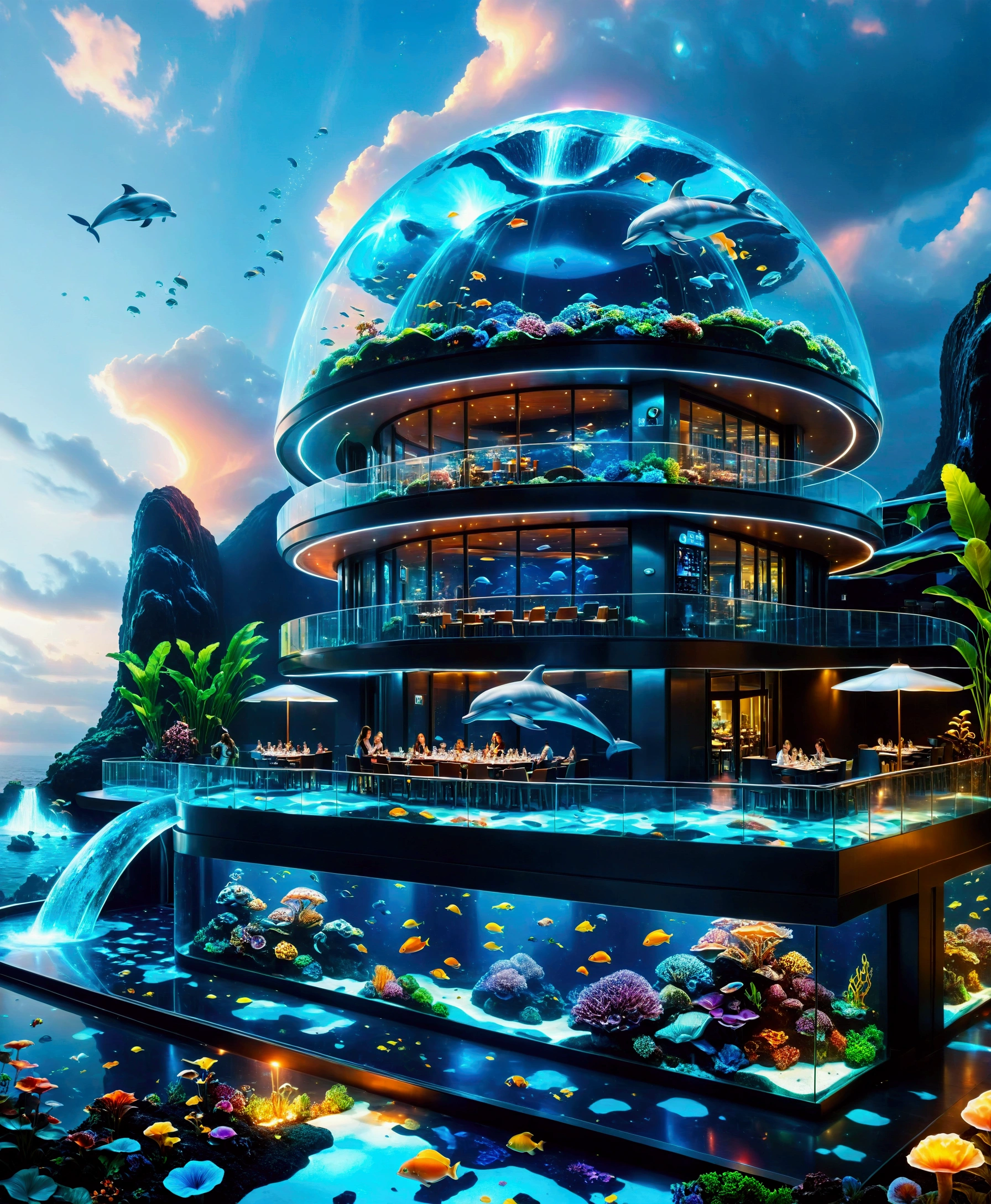 A large, futuristic, all-glass high-tech building, each floor has its own world, A floor with a restaurant where people enjoy their meals, The light blue-lit floor is a fantasy aquarium inhabited by dolphins and colourful tropical fish, The dark floor is a world of luminous mushrooms, On the rooftop is a volcano, with lava flowing down the side of the building.
