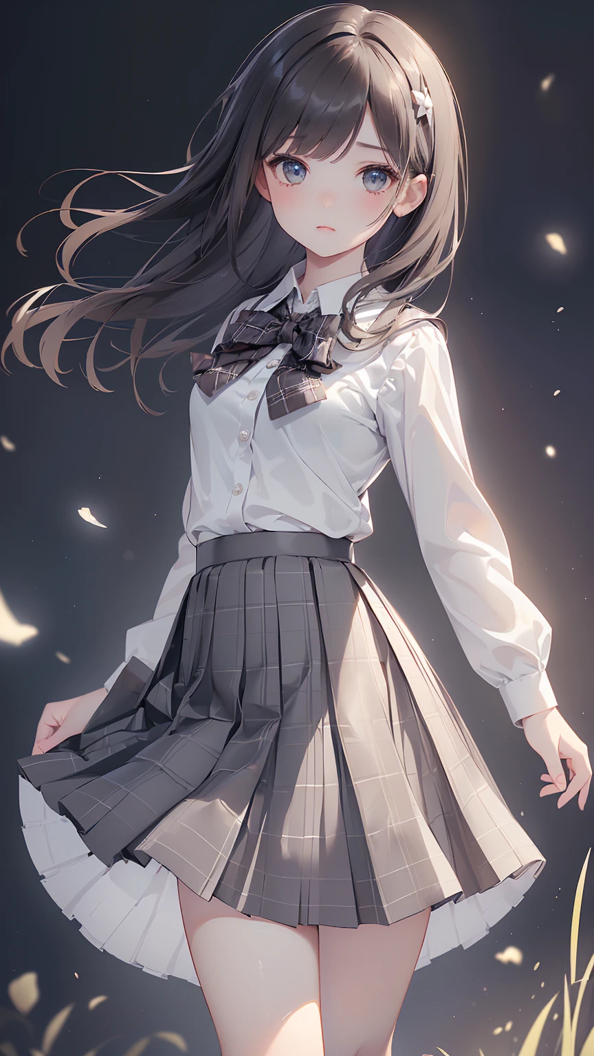 1 girl, Solo, Cute Girl, , Best Quality, Ultra-detailed, 8K, High resolution, Detailed face, dark brown hair, bob hair, (((tareme:1.5, downer))), (((school uniform, white collared shirt, bowtie, pleated skirt, gray skirt, plaid skirt, long skirt, white socks))), ((long skirt:1.5)))