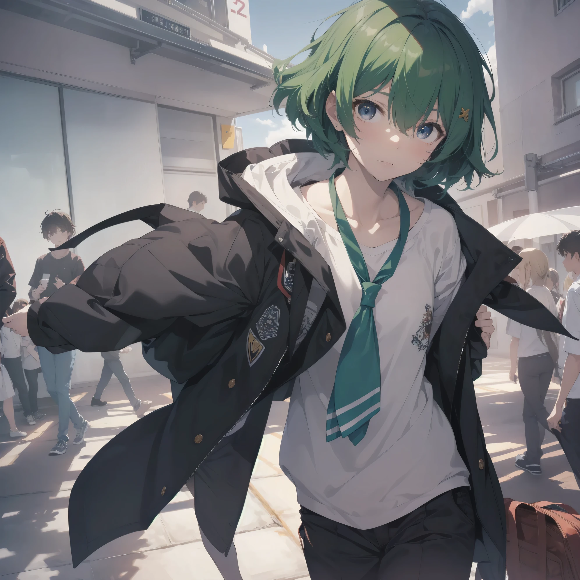 Anime girl with green hair and green tie walking down a street - SeaArt AI
