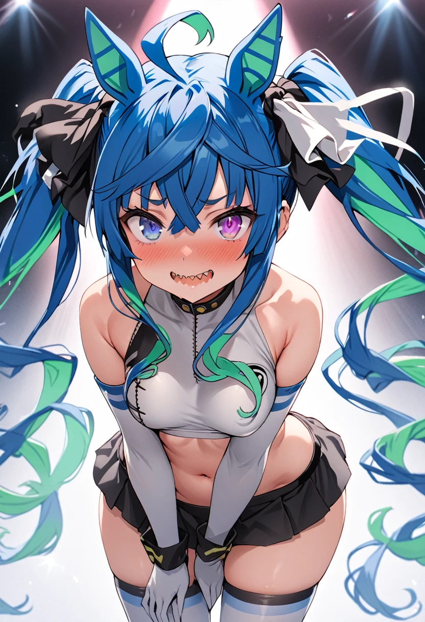 masterpiece,Highest quality,High resolution,Super detailed, solo, 1girl, live stage, ((cute)), Twin Turbo, Umamusume, aqua hair, twintails, heterochromia, purple eyes, blue eyes, sharp teeth, kantai collection, shimakaze costume outfit, (crop top, microskirt, thighhighs,elbow glovestongue, g-string), Gal, Baby girl body shape, Embarrassed, seductive model posing, perfect anatomy, noise removal