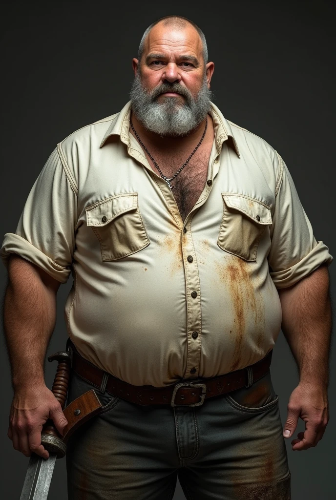 A big man with big stomach wearing reflector. Holding fish bucket