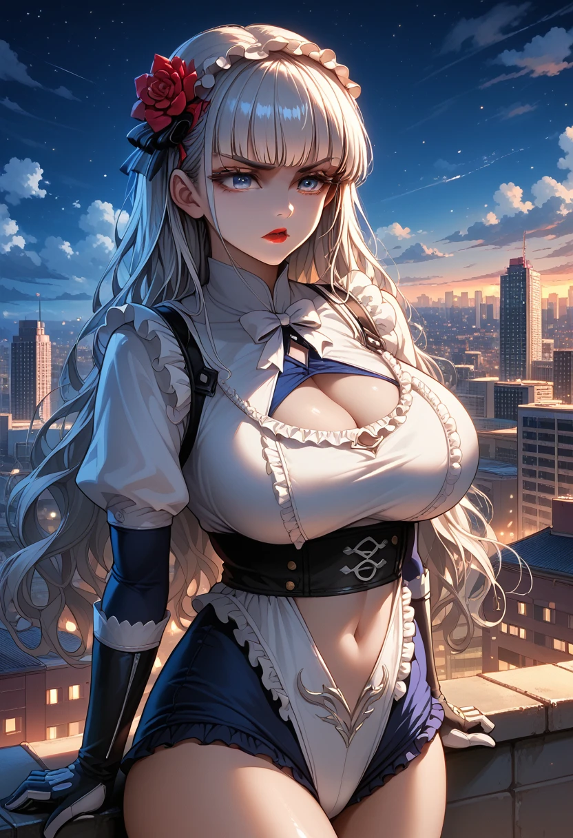 et_bas3,white eyelashes,white eyebrow, 1girl, solo, gloves, flower, white background, navel, clothing cutout, frills, cleavage, full body, legs, thighs, shoes ,building,city,cityscape, city lights, cloud,cloud sky, night, night sky,on roof,outdoors,rooftop,scenery,sky,skyline,,light particles, Blue theme,,angry, v-shaped eyebrows,,long eyelashes,red lips,thick_lips,arms at sides, detailed face, beautiful face,