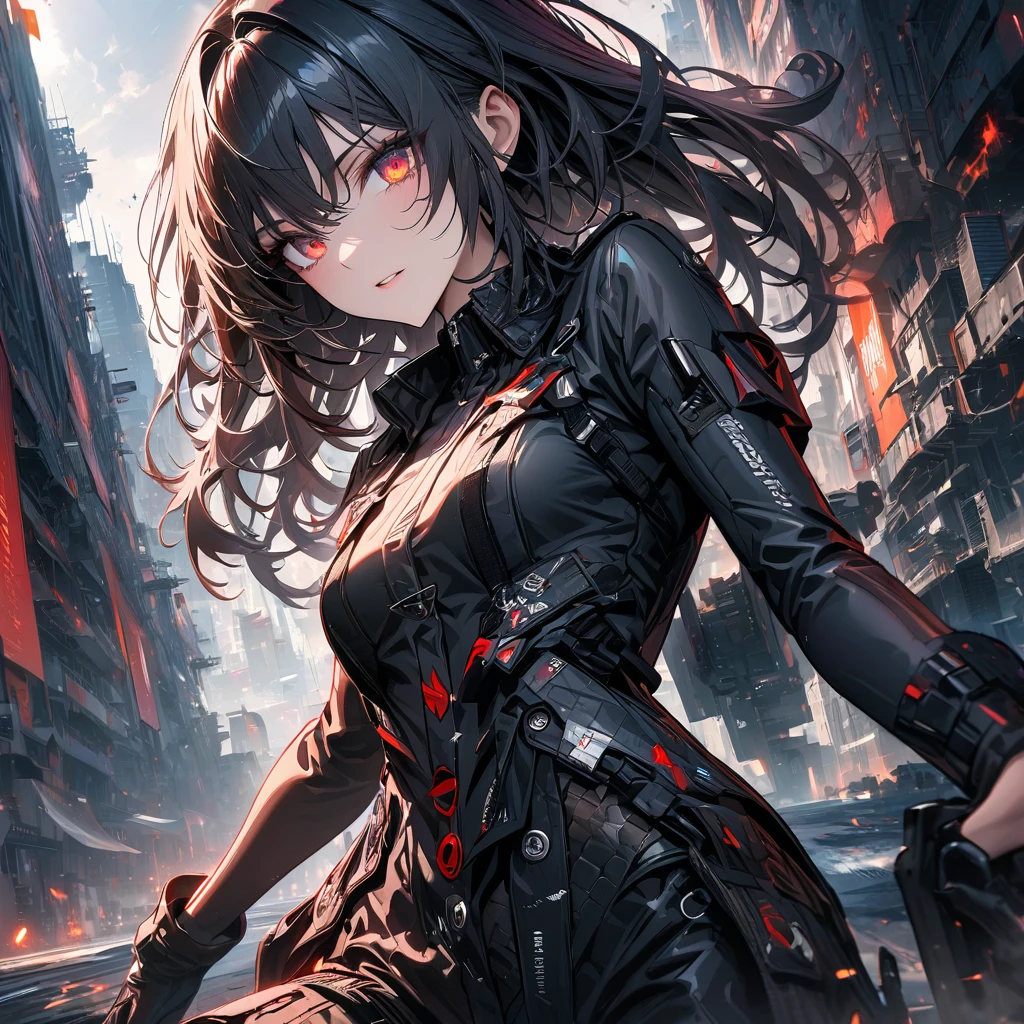 anime moe art style,Best Anime 8K Konachan Wallpapers,Badass Anime 8K,Perfect Anatomy, (Please draw a picture of a girl looking down on the city from the rooftop...........)From diagonally above,overhead angle,BREAK, 1 That girl is a female swordsman, (Solo,Lori,child,18year old:1.3), Androgynous attraction, (very short gray hair, red eyes), Full limbs, complete fingers,flat chest, Small butt, groin, Beautiful dark eyes created by detailed 8K, jaket,Obi,flowing skirt, standing on the roof of a skyscrapper. BREAK, i have a mission.。Sasasasa...。Ultra-detailed,High resolution,super detailed skin, Professional Lighting, Illustration,Landscape of the near future、Asuka