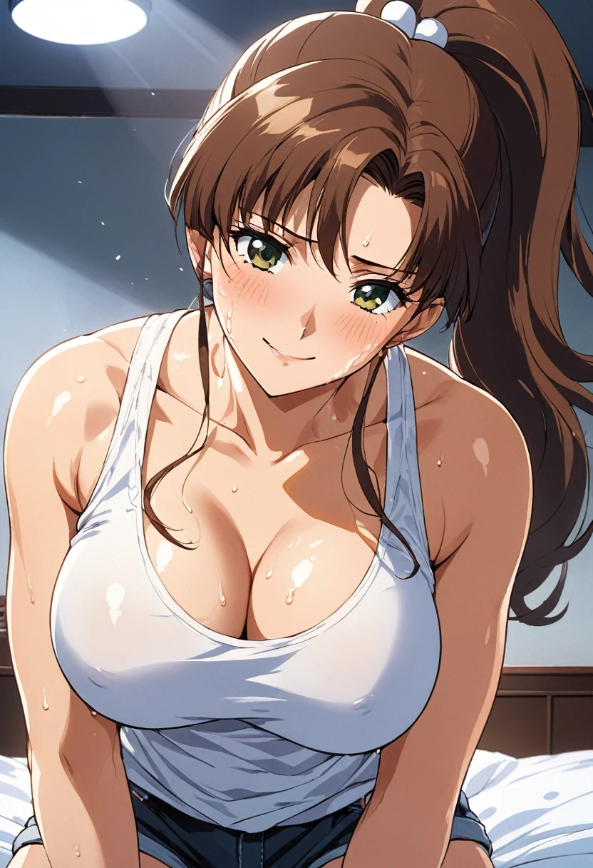 masterpiece, Highest quality, High resolution, (Makoto Kino),1990s \(style\),height: 175cm, Brown long hair,ponytail、 sexyな長い脚, loose tank top,very good,Shorts, Bedroom,(E-cup beautiful breasts)、Sweating all over the body、vapor、Muscular、sexy、Face writhing in pleasure、Sweaty、Configuration from the front、smile、look up,Semen splattered on face、Anime-style painting style,Composition focused on the upper body、Cinema Lighting、Ultra-fine、Take off your clothes