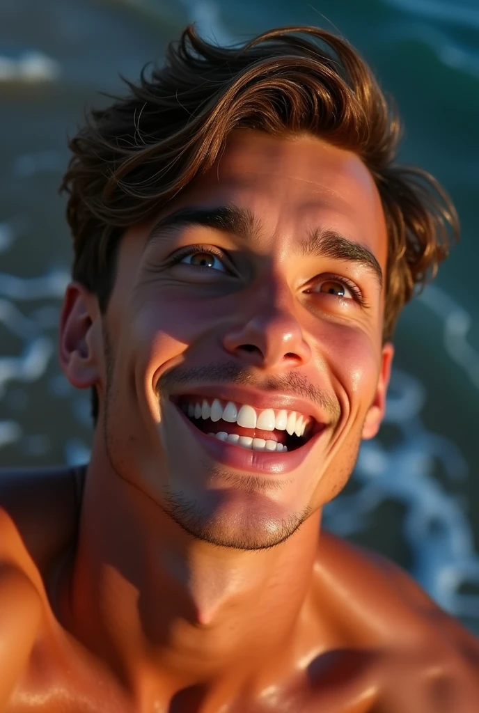 photorealistic, best quality, masterpiece, extremely detailed, very sexy, very homoerotic, extremely handsome, 20 year old japanese man, blond hair, athletic, wearing skimpy speedos, laughing out loud, lying face down on the shore, splashing waves, looking at camera, extremely romantic atmosphere, perfect face, perfect fingers, perfect hands, perfection