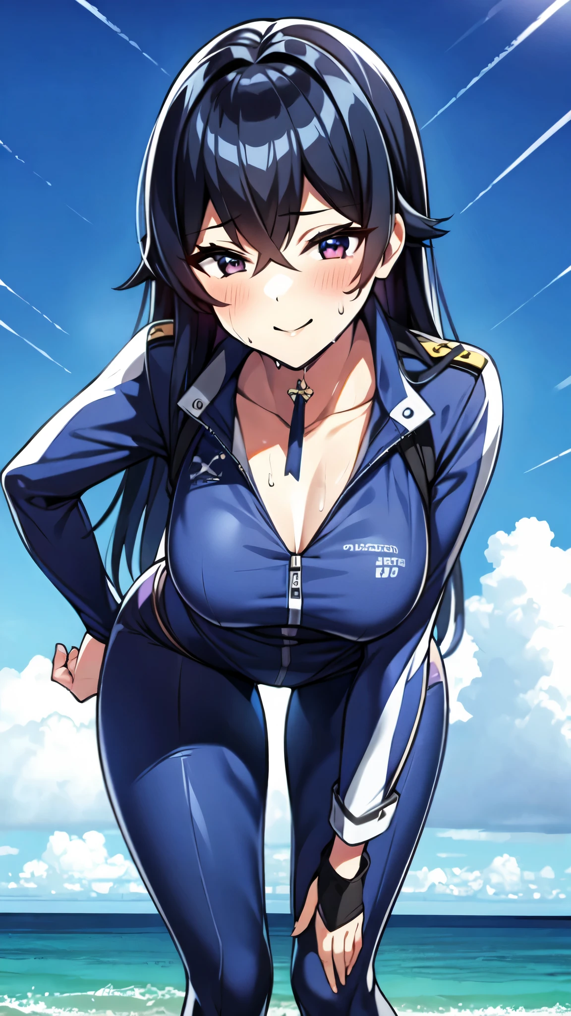 （（super high quality,））（（Ultra-high resolution,））（16K,）（super masterpiece,）（（Ultra HD ,））（Detailed shading,）（（Full Color,））Sea in clear skies,Shooting from below,One Girl,（（A shiny navy blue skin-tight sweatsuit,Open from neck to chest:1.8,popped Tight open collar:1.6,Long sleeve,））sexly,（Straight black long hair）,Bangs cross in front of the forehead,smile,blush,Sharp Eye,Can be sprayed with a large amount of water,Soaking wet,Sweaty,Open your legs a little,Leaning forward greatly,Put your hands on your hips,Looking to the side,