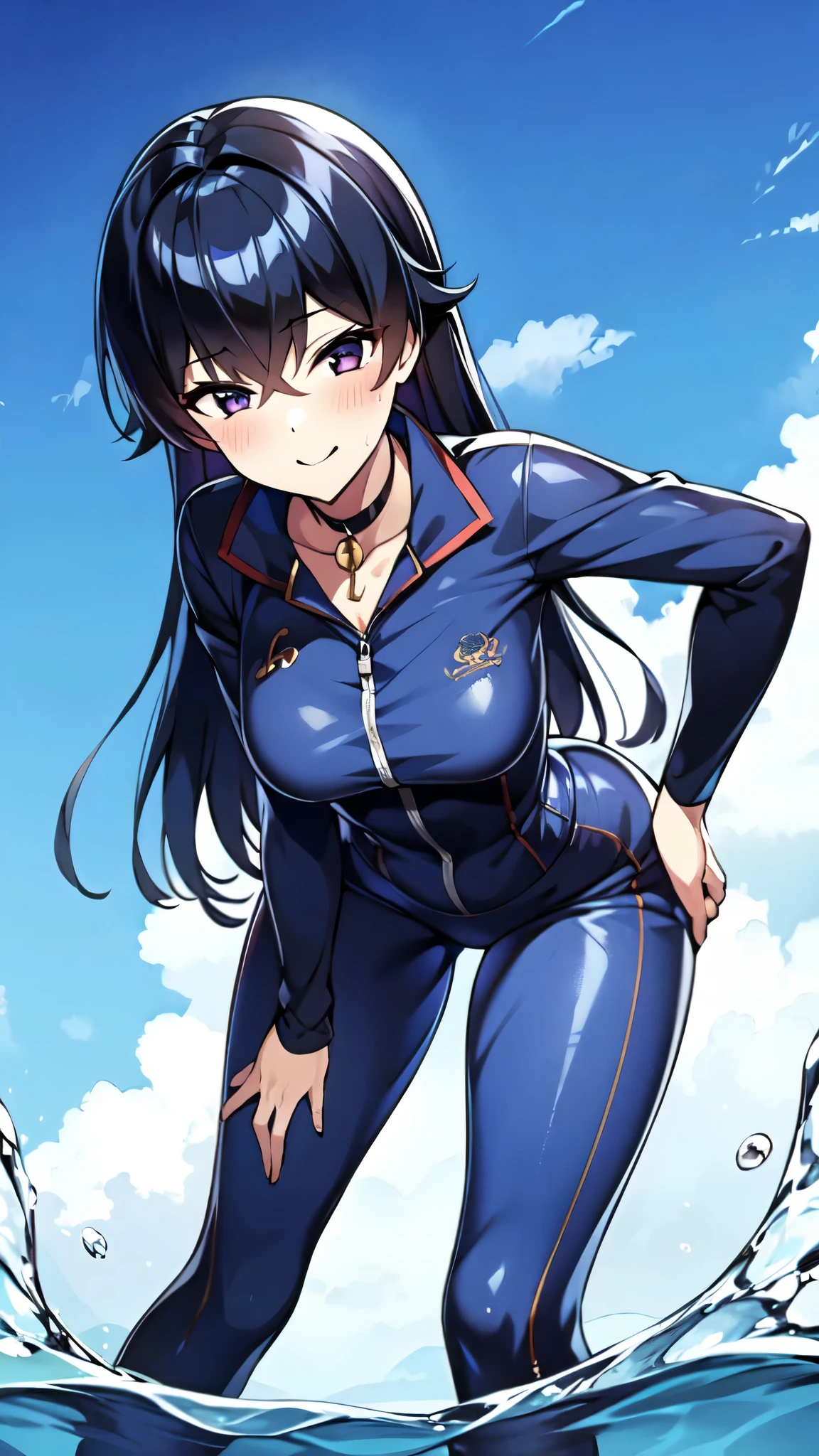 （（super high quality,））（（Ultra-high resolution,））（16K,）（super masterpiece,）（（Ultra HD ,））（Detailed shading,）（（Full Color,））Sea in clear skies,Shooting from below,One Girl,（（A shiny navy blue skin-tight sweatsuit,Open from neck to chest:1.8,popped Tight open collar:1.6,Long sleeve,））sexly,（Straight black long hair）,Bangs cross in front of the forehead,smile,blush,Sharp Eye,Can be sprayed with a large amount of water,Soaking wet,Sweaty,Open your legs a little,Leaning forward greatly,Put your hands on your hips,Looking to the side,