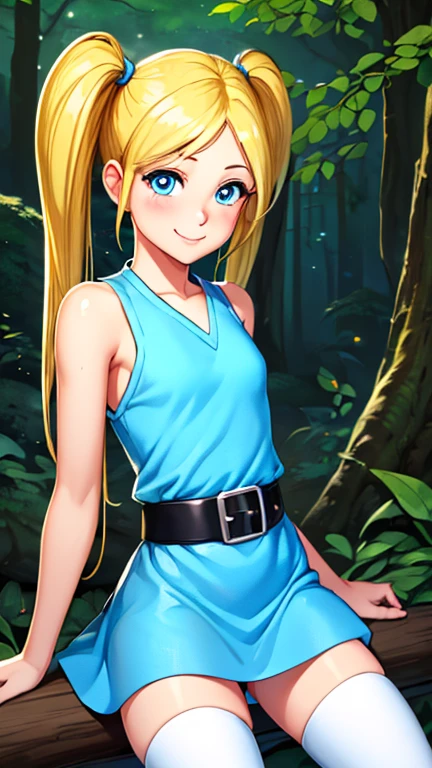 (1girl, solo, highly insanely detailed, masterpiece, top quality, best quality, highres, 4k, 8k, RAW photo),((innocent look)),((Childish)),From the front, symmetrical composition,smile,cute,Innocent,Kind eyes,Flat chest,Hairless vagina, Cameltoe,ncrender,forest, (bubbles), (blonde hair, blue eyes, short twintails, pigtails)
(dress, sky-blue sleeveless dress, black belt, white thighhighs)