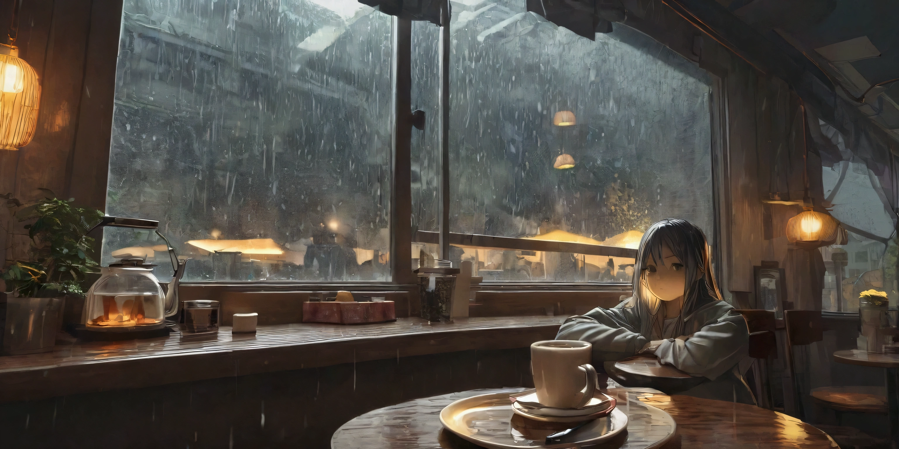 8k,wallpaper of extremely detailed CG unit, ​masterpiece,hight resolution,top-quality,top-quality real texture skin,hyper realisitic,increase the resolution,RAW photos,best qualtiy,highly detailed,the wallpaper,cinematic lighting,ray trace,golden ratio, BREAK ,chill, lo-fi, ((1girl\(sitting,listlessly looking out window\))) is in a cozy retro cafe, outside window is heavy rain and city lights visible but dark,window reflecting, coffee and muffin on table, clerks, warm lighting inside the cafe,transparent curtain,wide angle of view, 4str0