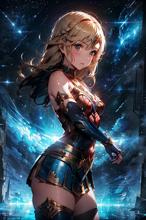 Supergirl (((From face to the waist view::1. 4))), realistic skin texture, front view::1.0, (((Final Fantasy aesthetic style))) in complex & hyper detailed fantasy costume (((wild glow effect))), panning photography::1, gold hour illumination, short white hair & long braid, (masterpiece), best quality, perfect face, 8k