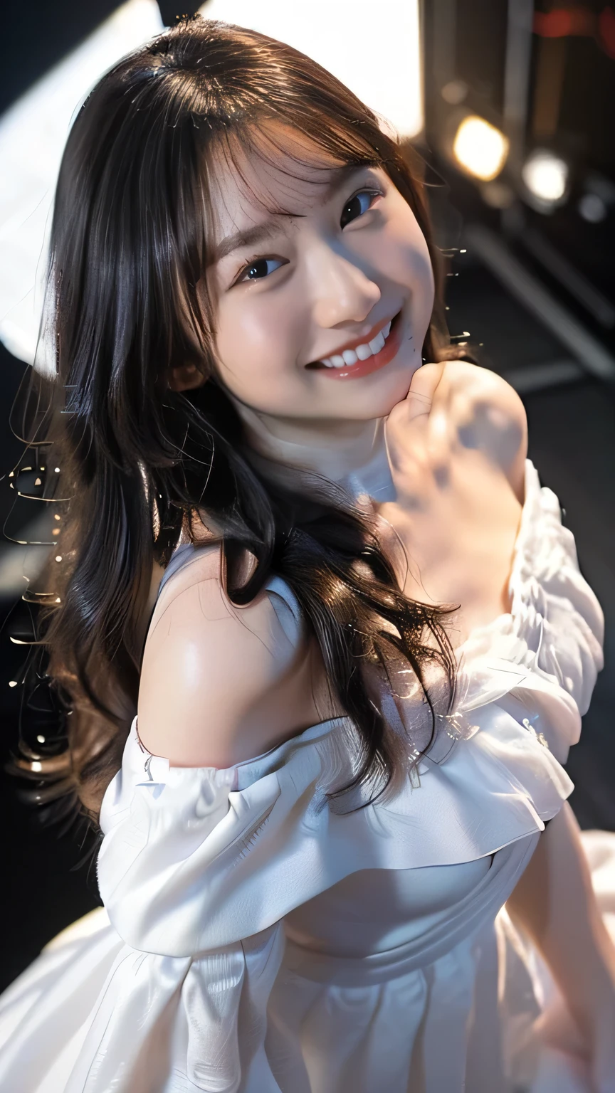 (8k、RAW Photos、Highest quality、masterpiece:1.2)、(Realistic、Realistic)、1 girl、((White off-the-shoulder dress、on stage、Get noticed、View from above、smile、Looking into the camera 、smile、Upper body photo:1.5))、Leaning forward、cute、Large Breasts、(((Sing with a microphone)))