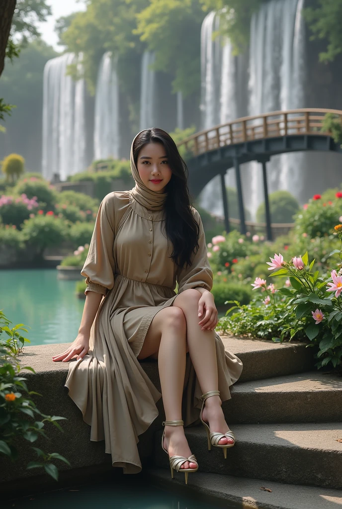 no upper floor; A beautiful Burmese woman in a long skirt takes a relaxing bath by the river. I took a shower and my whole body was wet. No top, but my breasts were covered with a long skirt